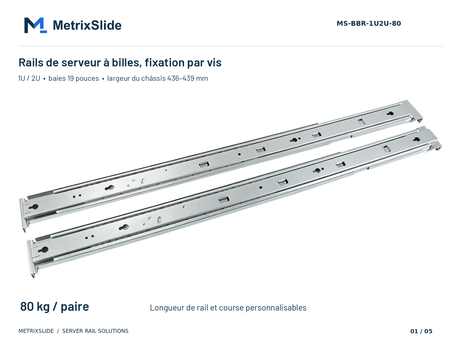 MS-BBR-1U2U-80 Glissières à billes pour serveur à fixation par vis