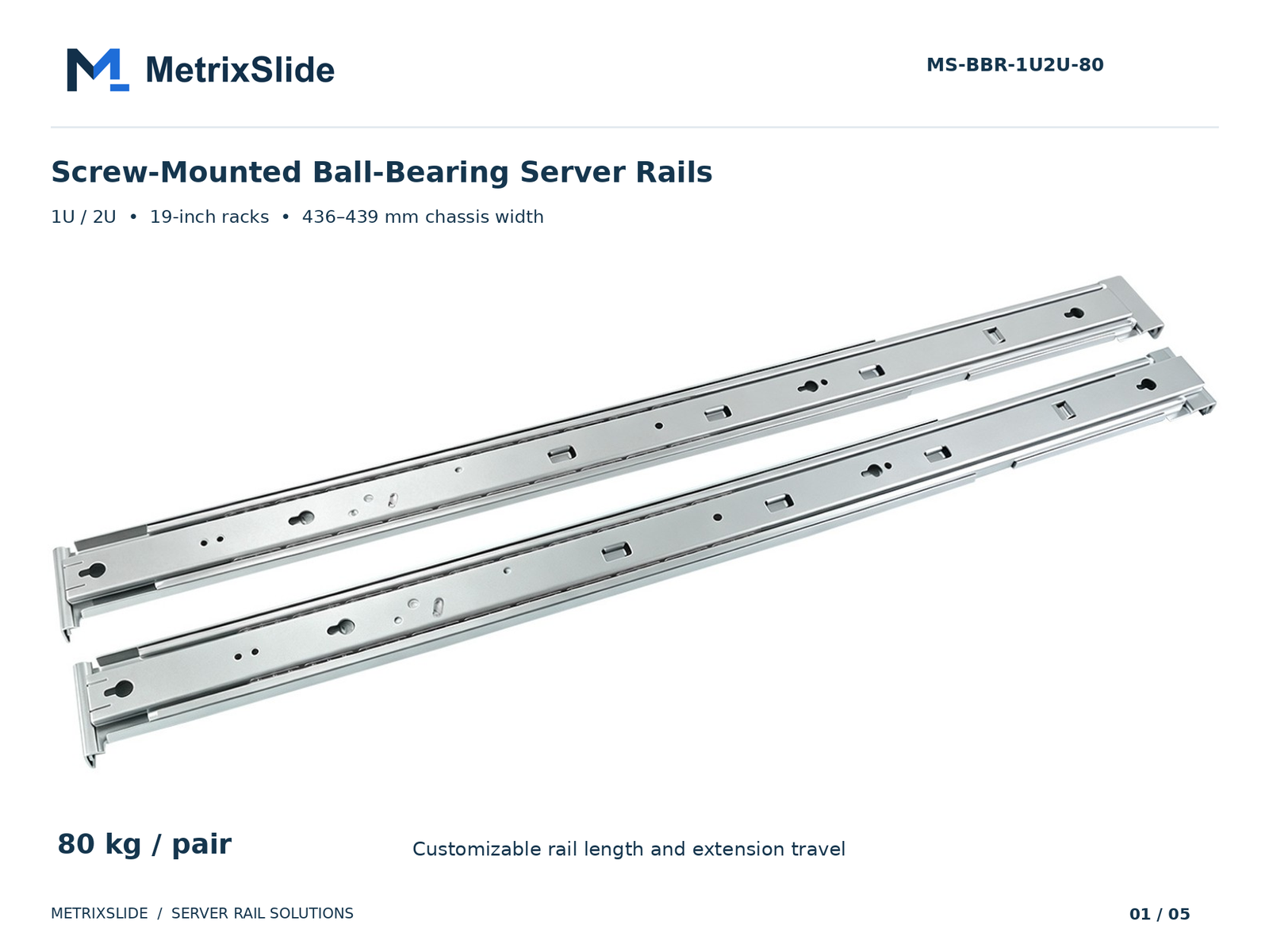 MS-BBR-1U2U-80 Screw-Mounted Ball-Bearing Server Rails