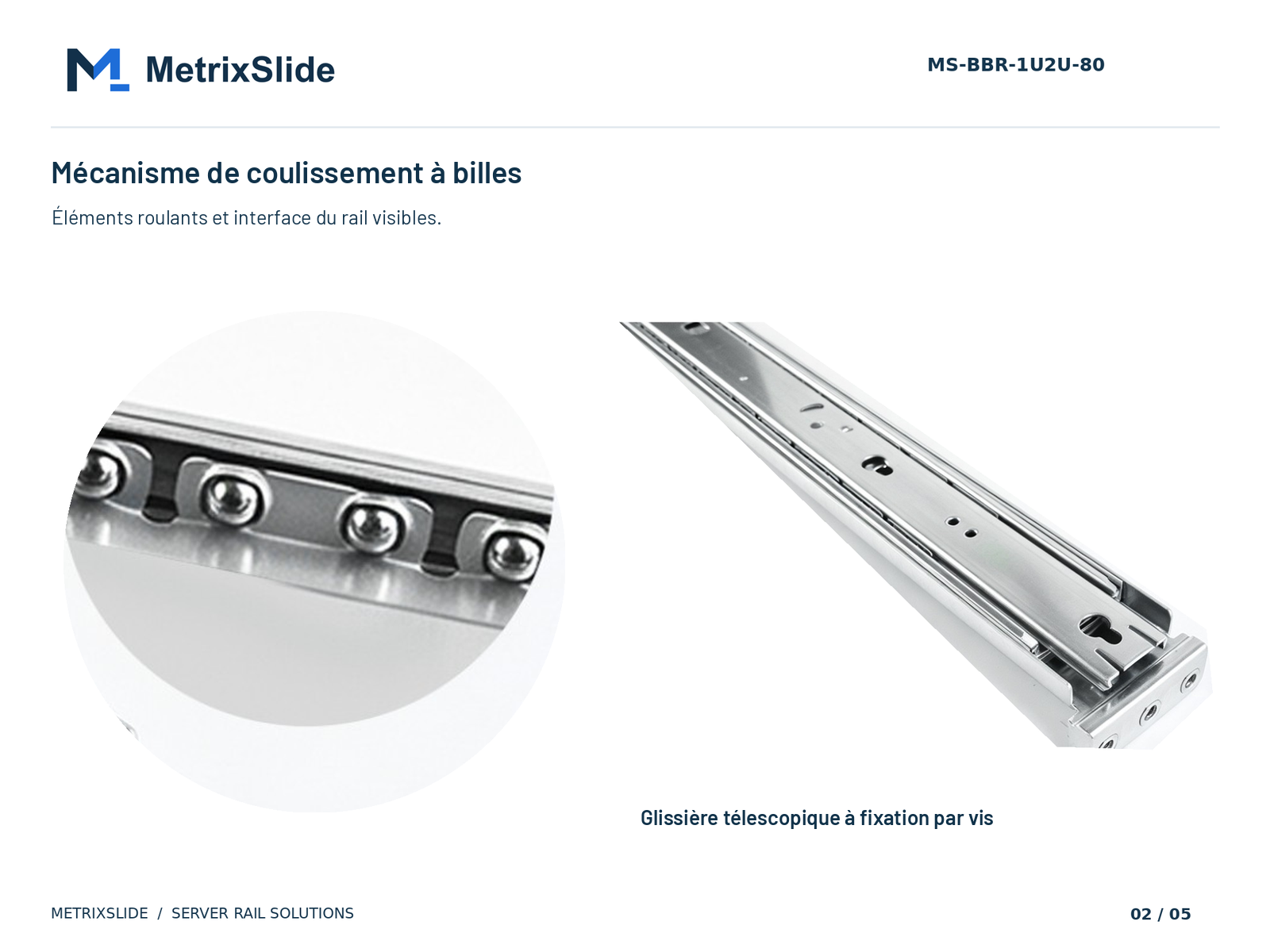 Gros plan du mécanisme de coulissement à billes MS-BBR-1U2U-80