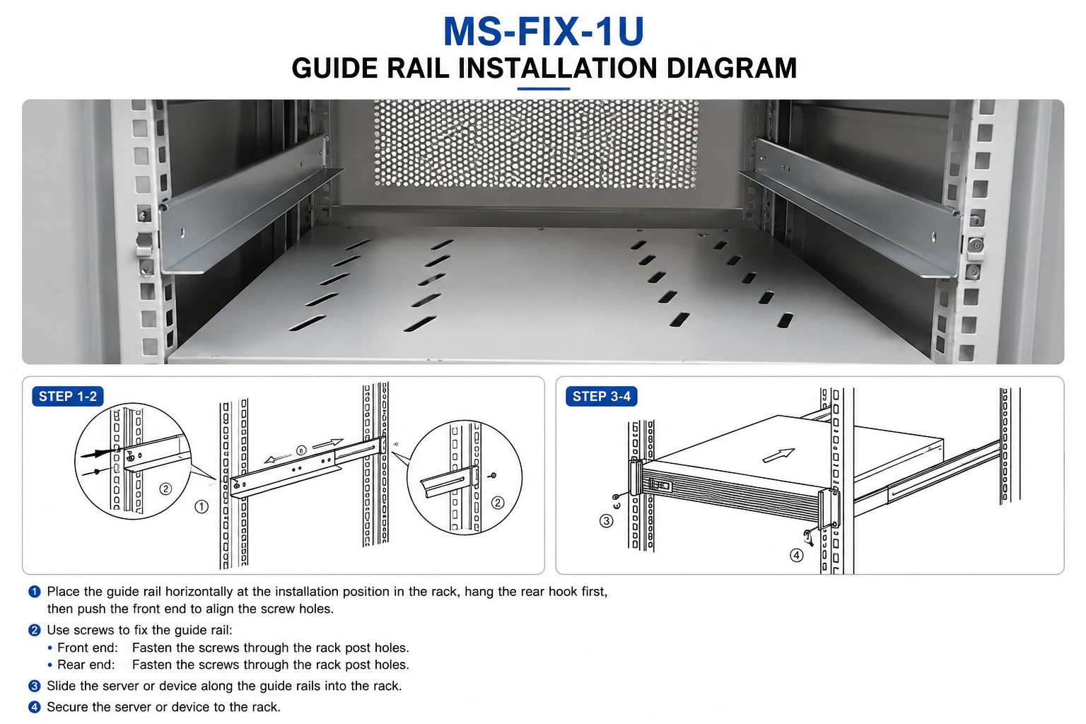 MS-FIX-1U Fixed Server Rack Support Rail