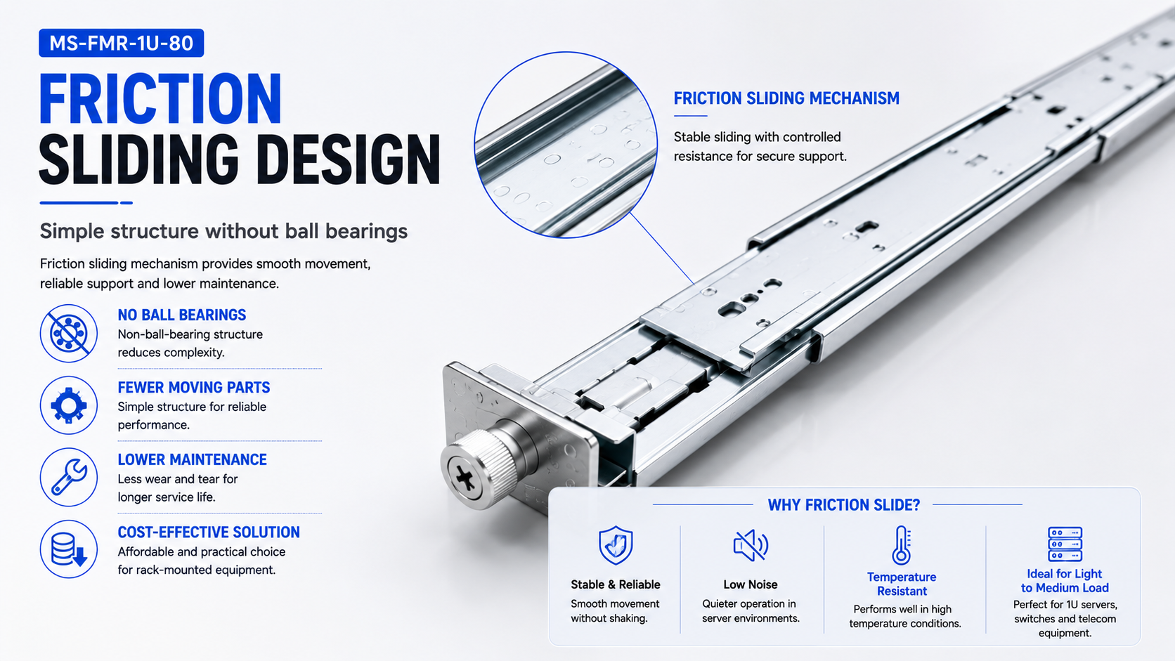 MS-FMR-1U-80 Ultra-Slim Friction Server Rail