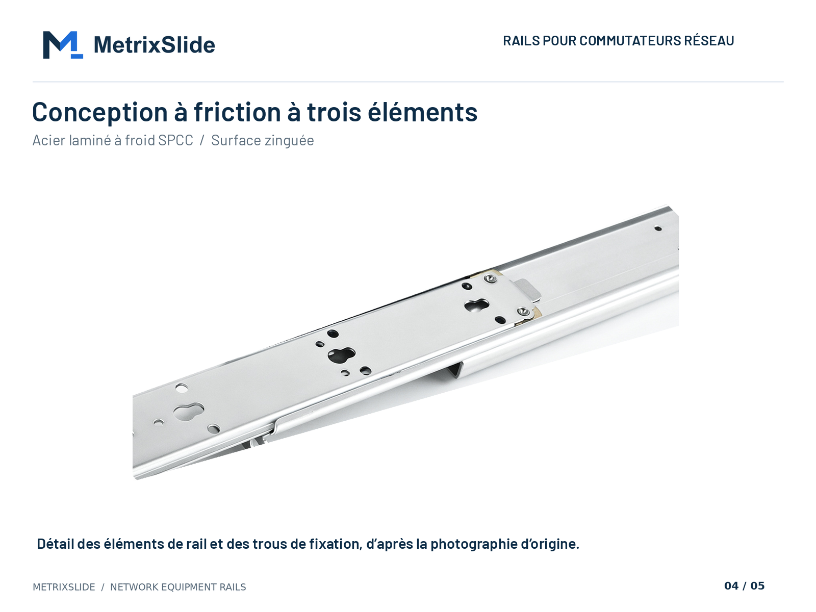Élément de rail à friction à trois éléments et trous de fixation