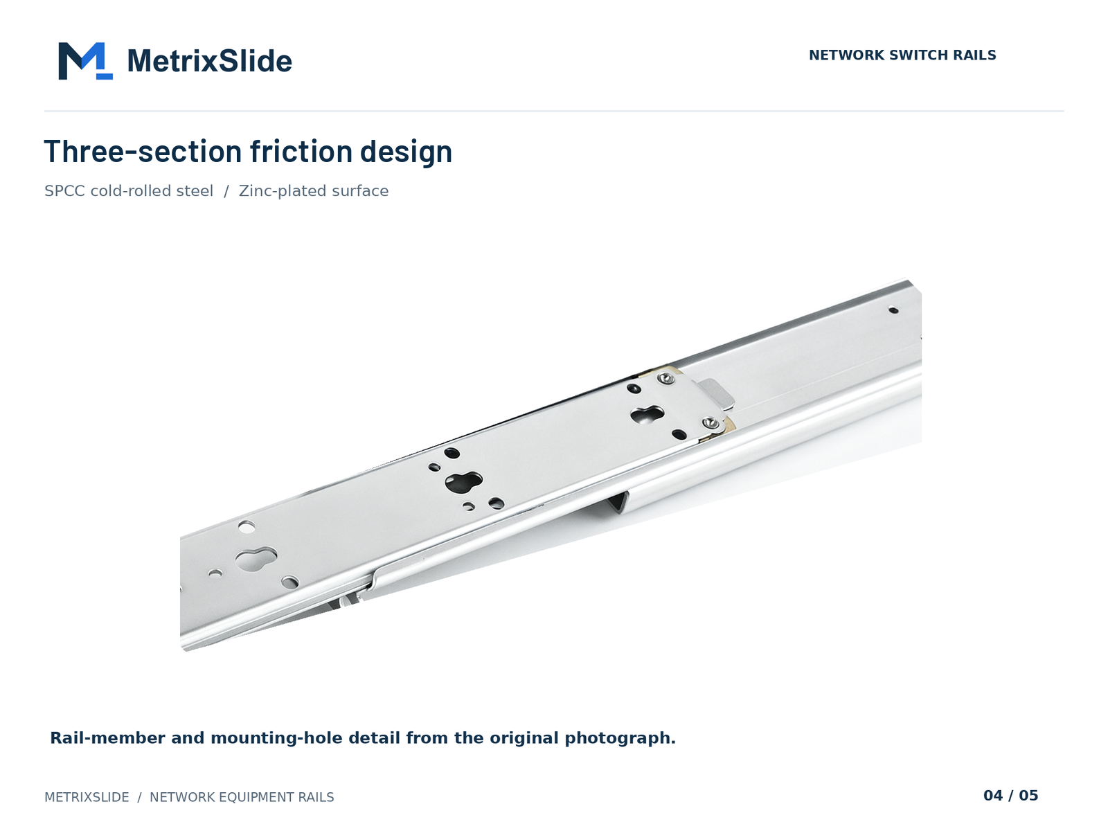 Three-section friction rail member and mounting holes