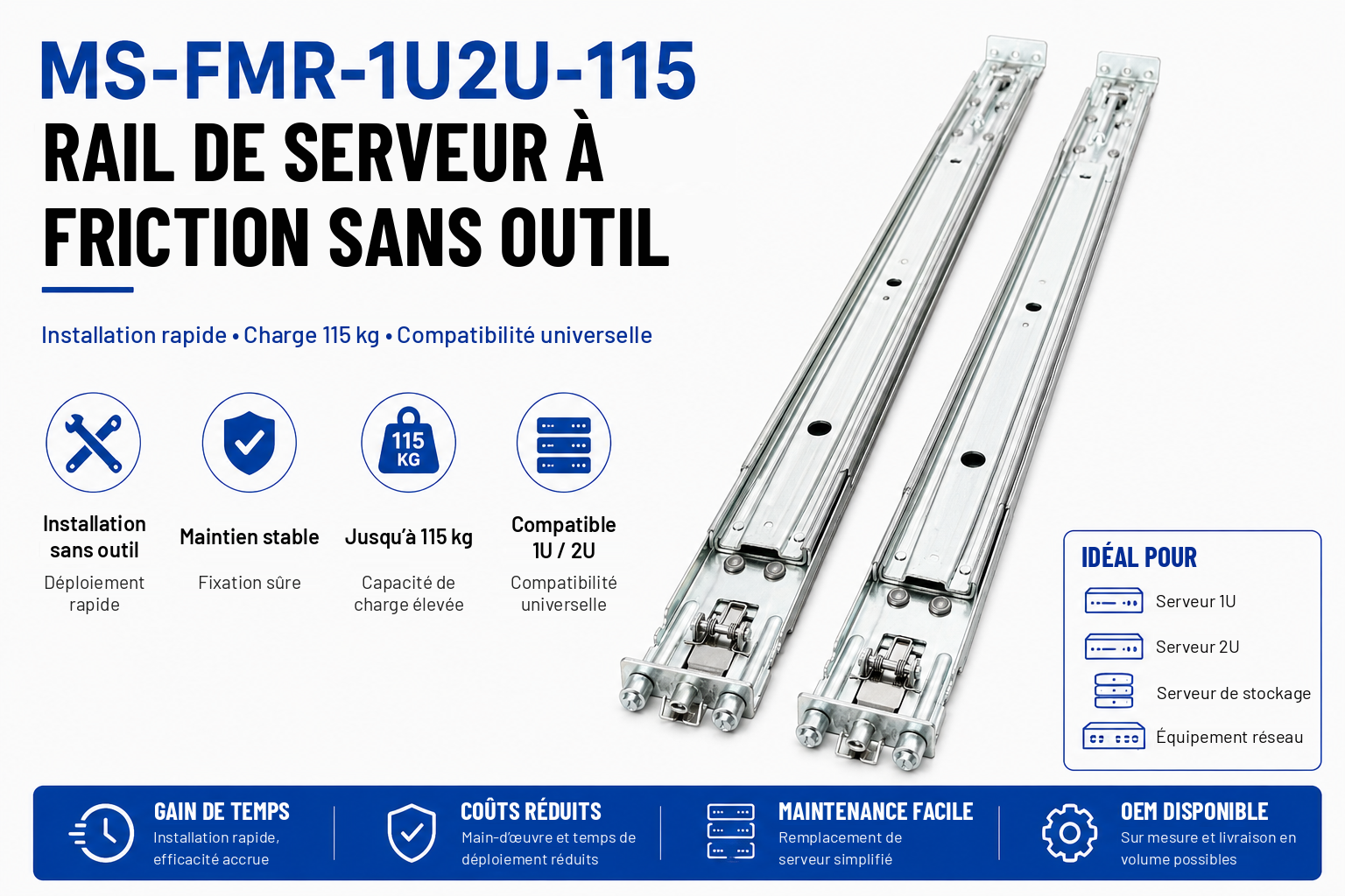 MS-FMR-1U2U-115 Tool-less Friction Mount Server Rail