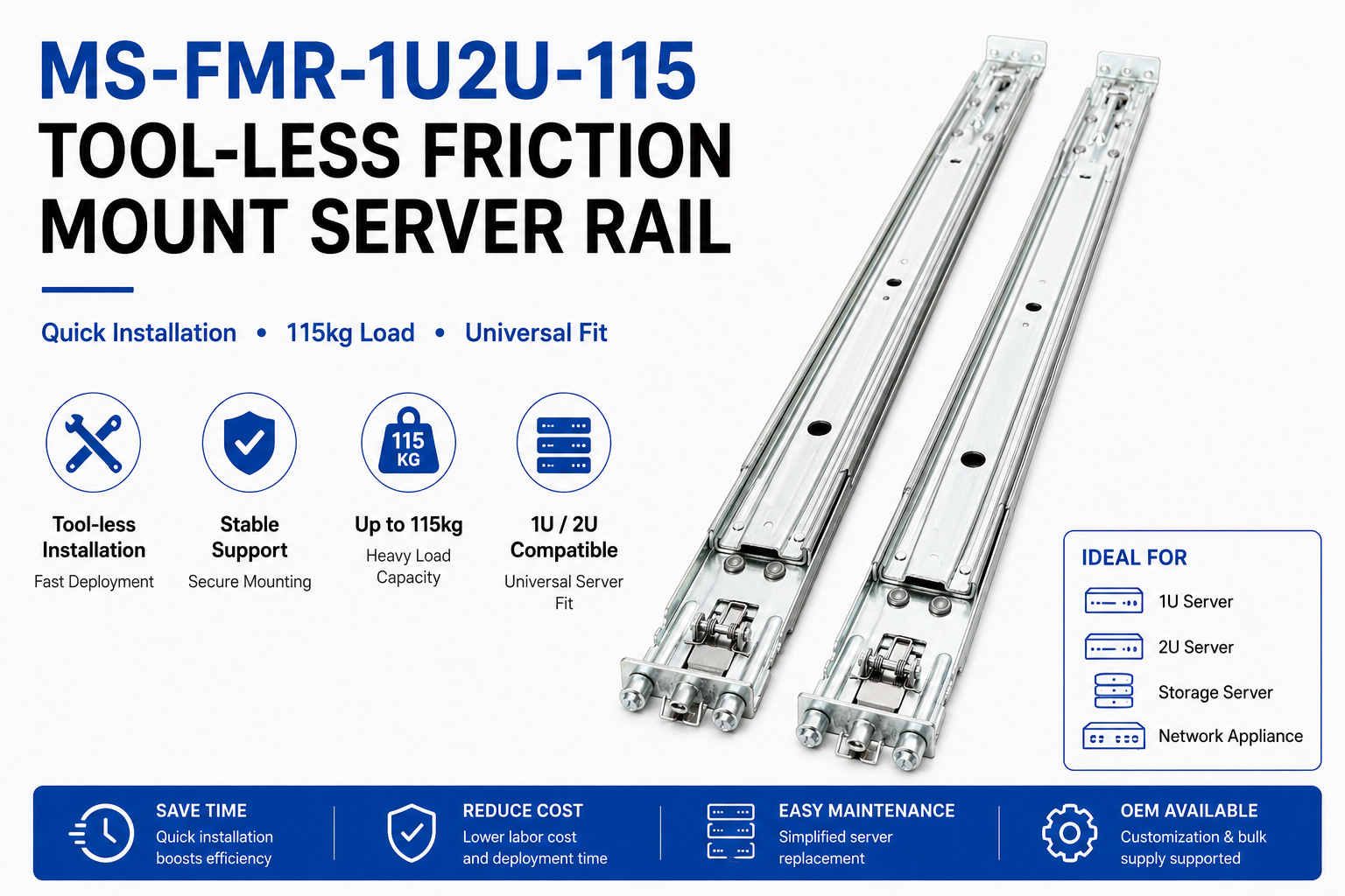 MS-FMR-1U2U-115 Tool-less Friction Mount Server Rail