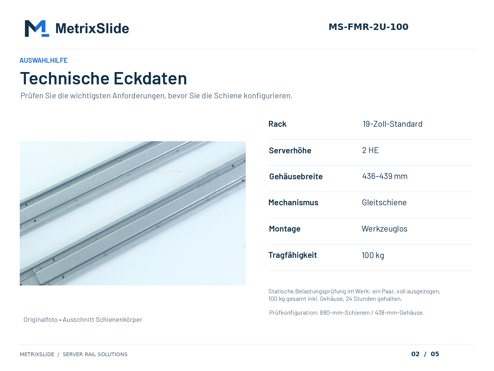 MS-FMR-2U-100 – wichtigste technische Daten: 2 HE, Gehäuse 436–439 mm, 100 kg