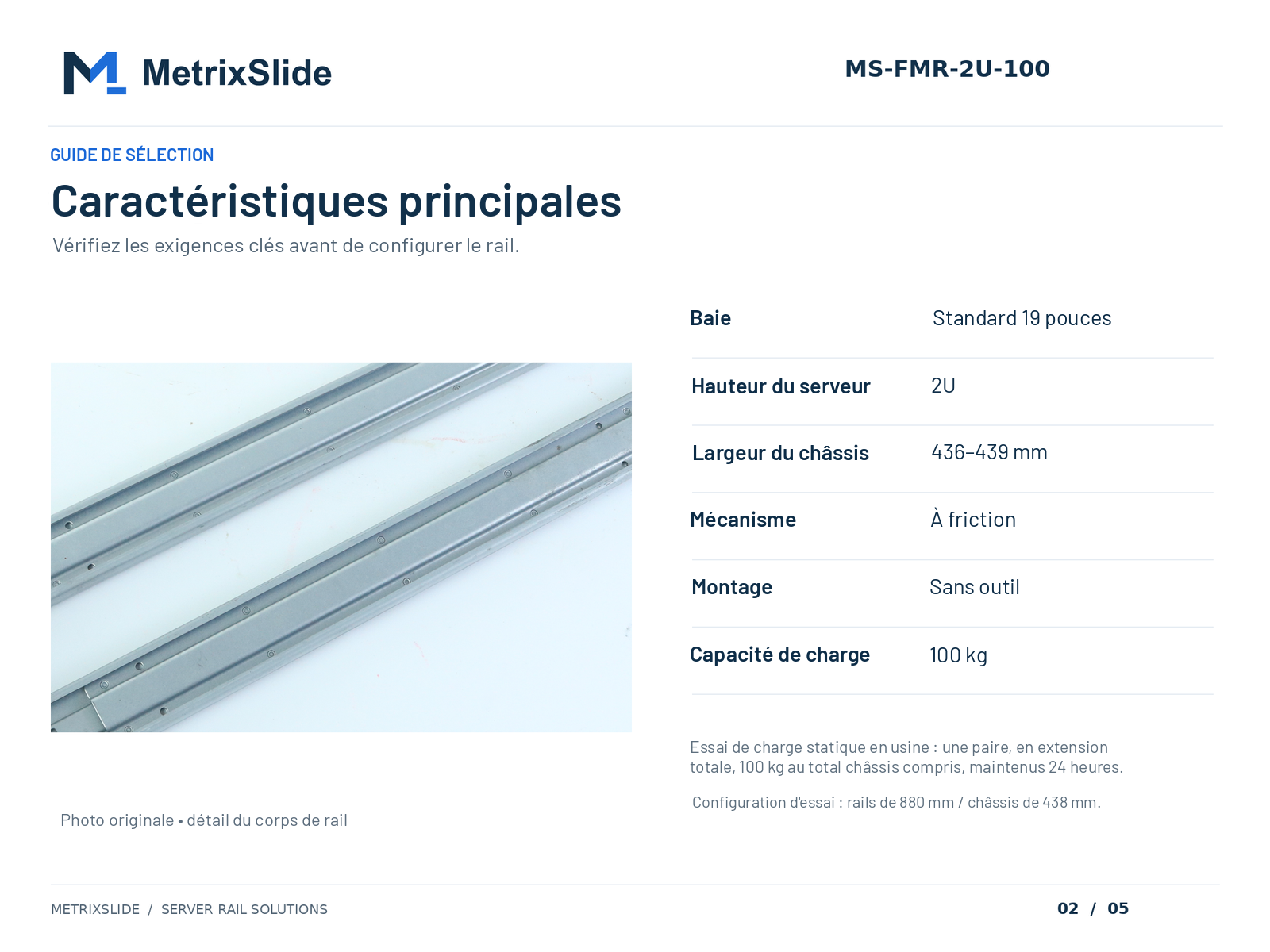 Caractéristiques principales du MS-FMR-2U-100 : 2U, châssis de 436–439 mm, 100 kg