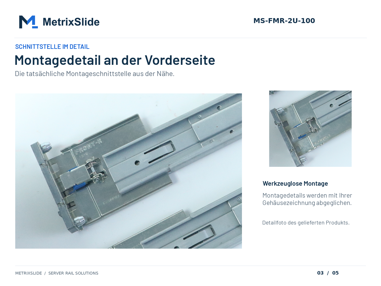MS-FMR-2U-100: Nahaufnahme der Montageschnittstelle am vorderen Ende