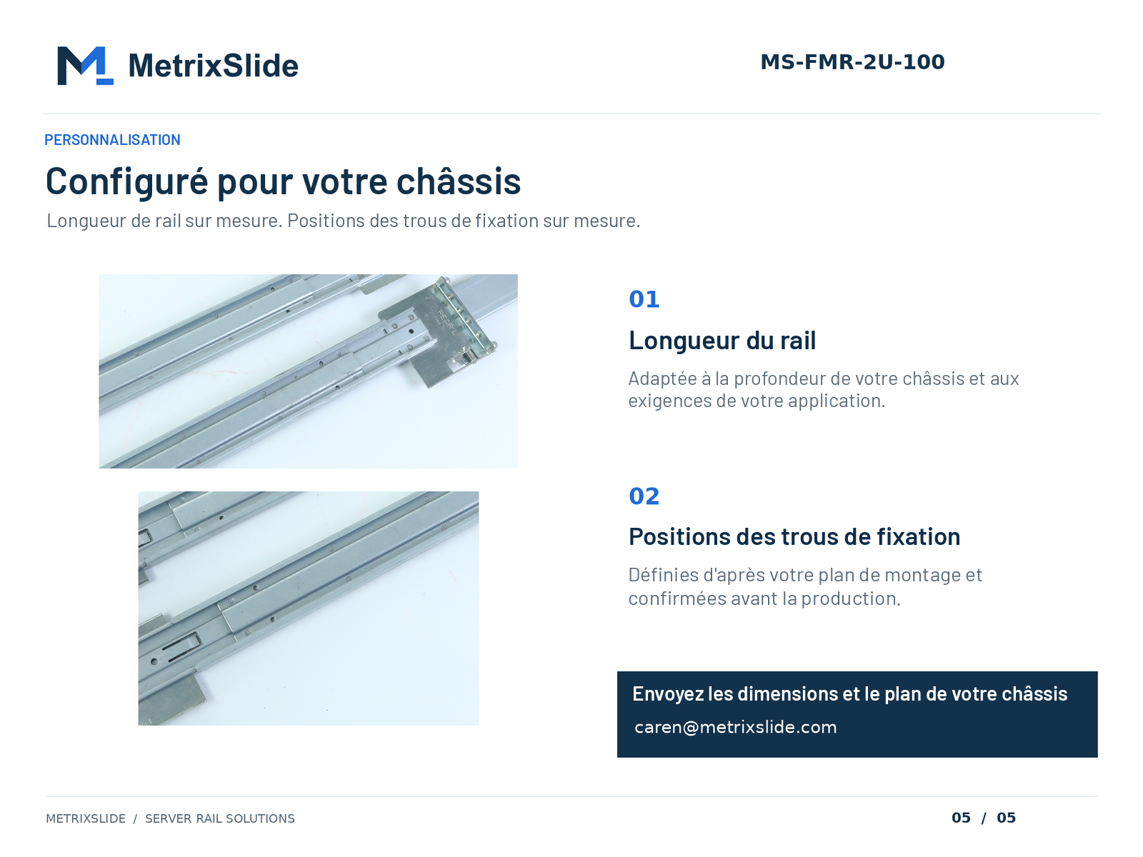 Longueur du rail et positions des trous de montage sur mesure du MS-FMR-2U-100