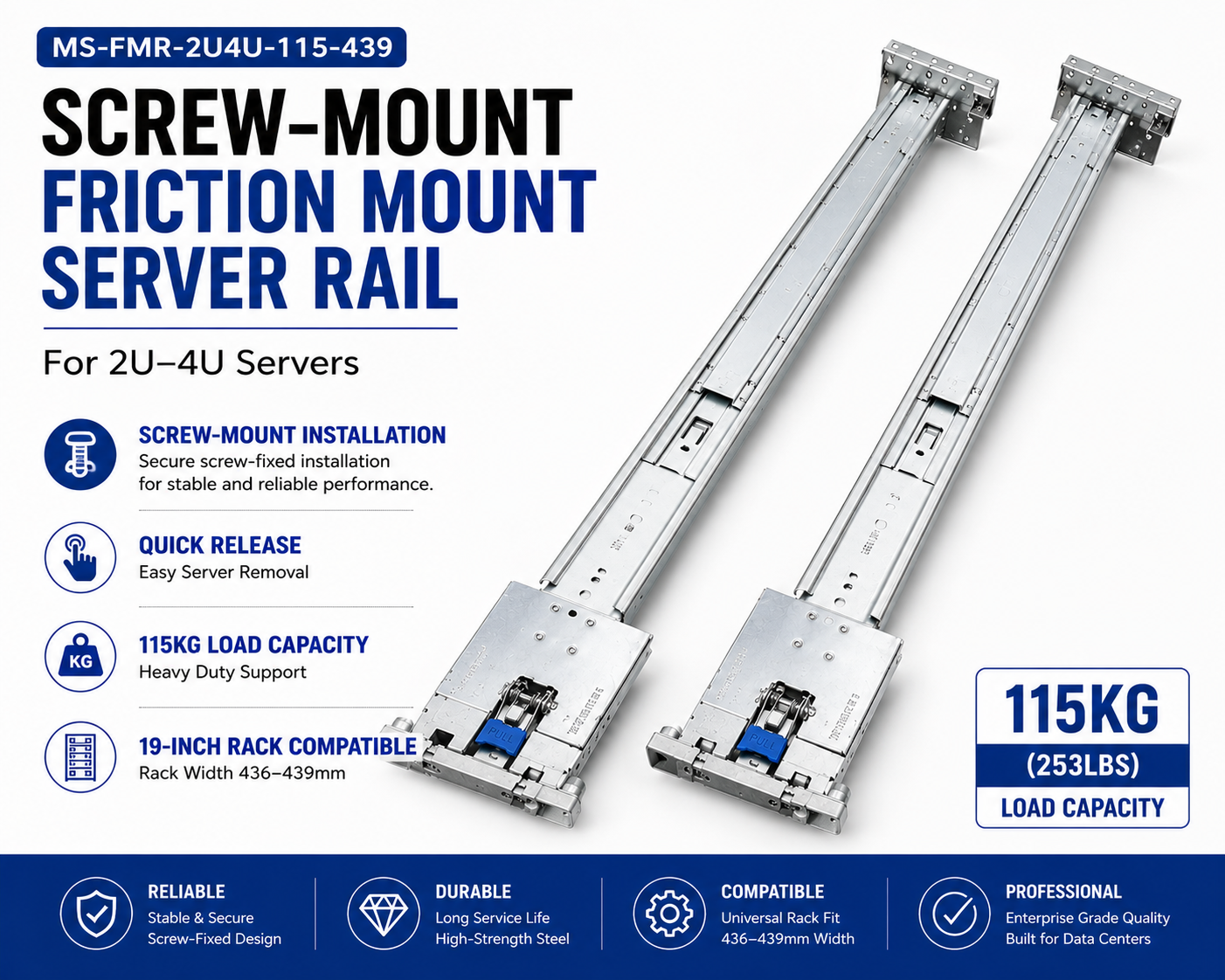 MS-FMR-2U4U-115 Tool-less Friction Mount Server Rail