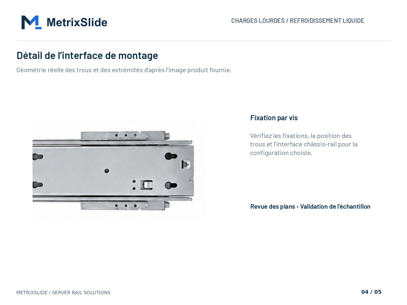 Gros plan sur les trous de montage du rail et la géométrie de son extrémité