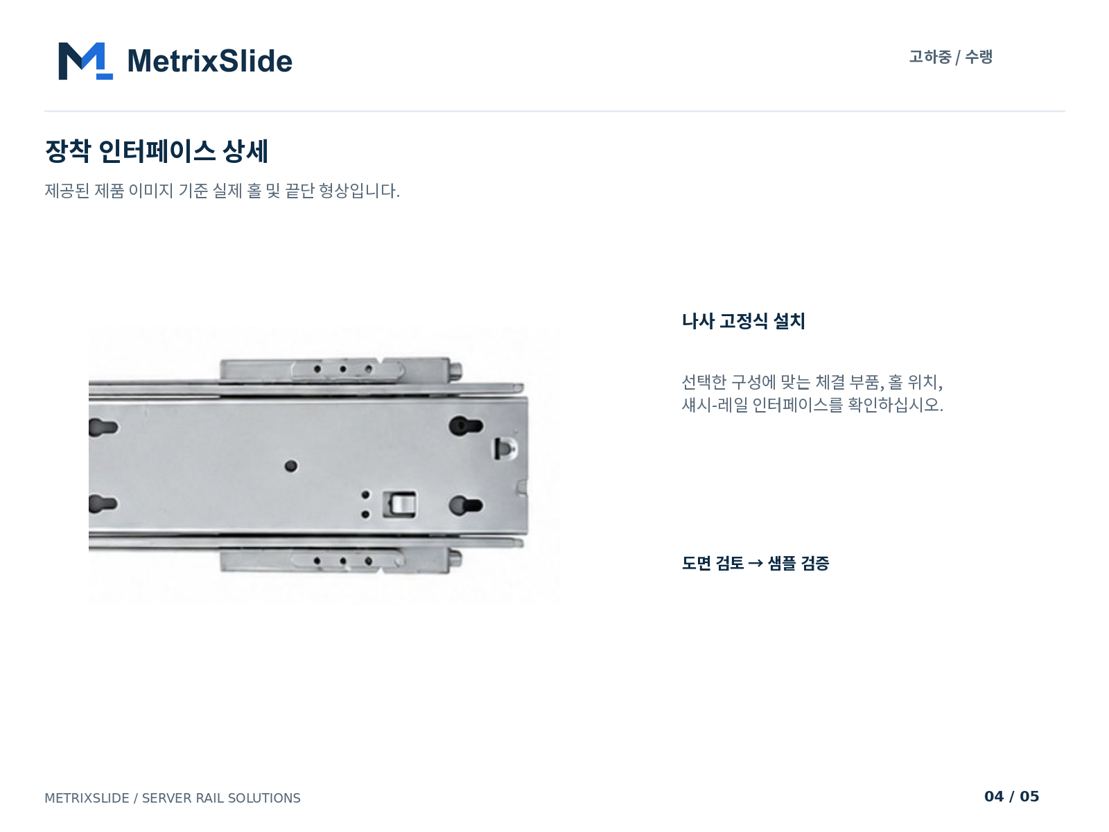 레일 장착 홀과 끝단 형상 근접 사진