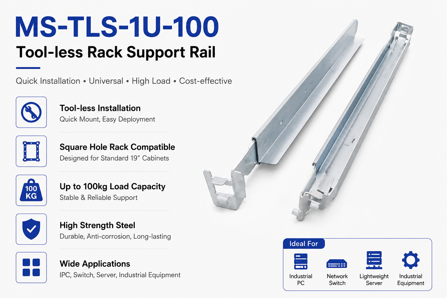 MS-TLS-1U-100 Tool-less Rack Support Rail